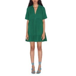 Zara Linen Blend V Neck Short Sleeve Seamed Pull On Emerald Green Mini Dress XL